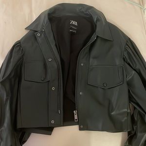 Zara green leather puff sleeve jacket